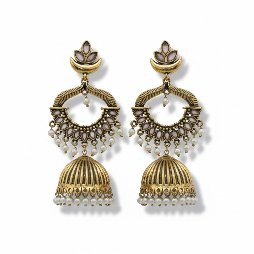 Oversized Peach and Pearl Jhumka Earings