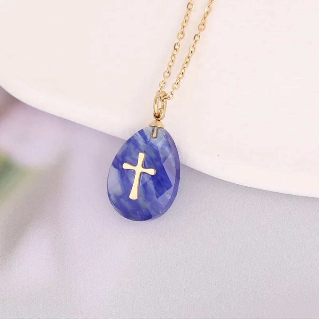 Natural Stone 18K Gold Plated Cross Pendant