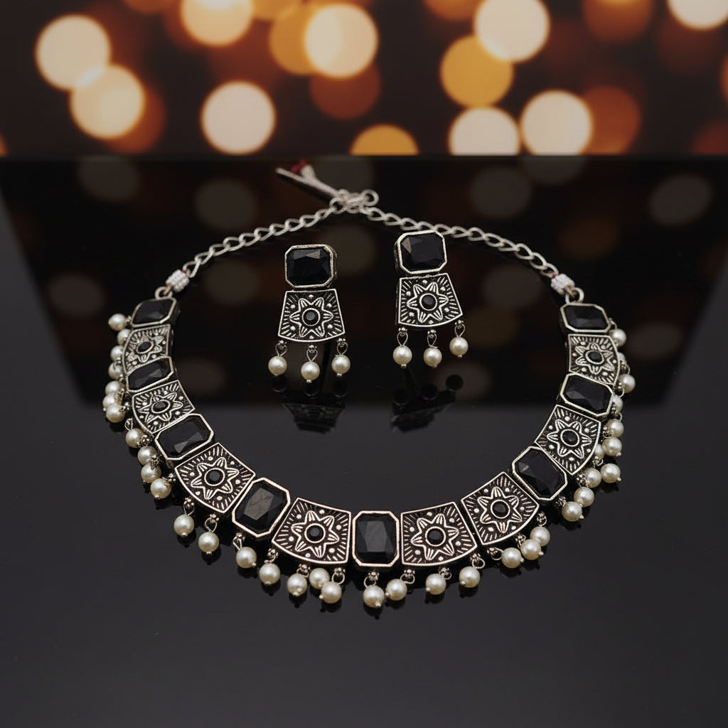 Oxidized Silver Black Stone Geometric Choker Set