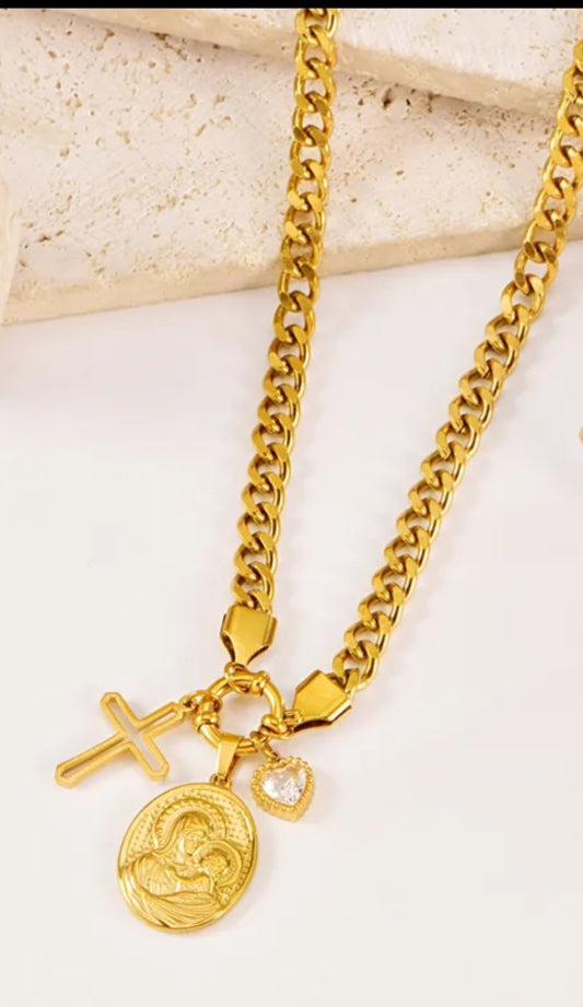 Cross Jewellery Set 18K Gold Plated, Cable Chain, Waterproof