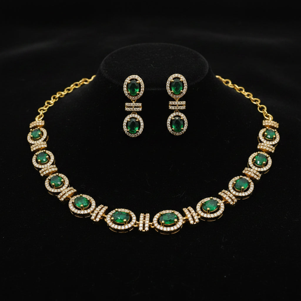 Modern Indo-Western American Diamond Green Stone Link Necklace Set