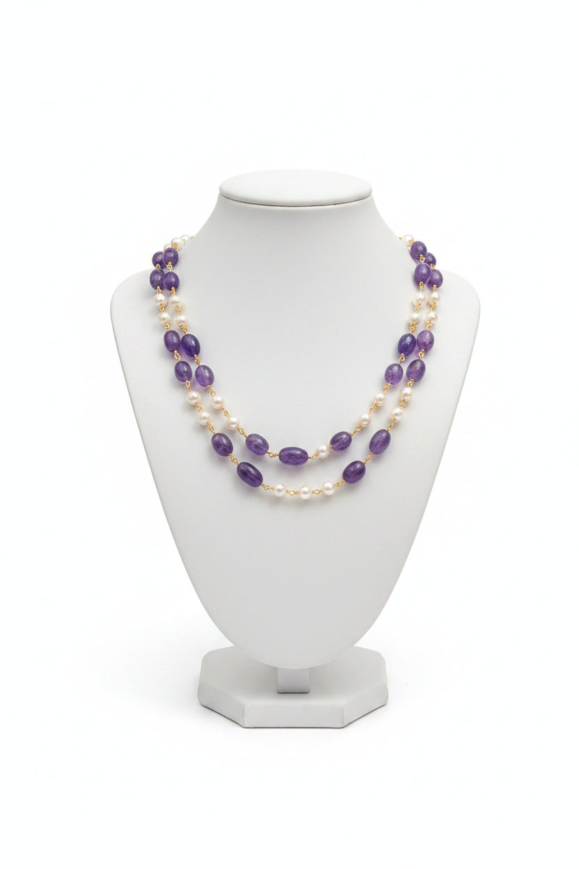 Two layer Big Purple Stone and Pearls Necklace