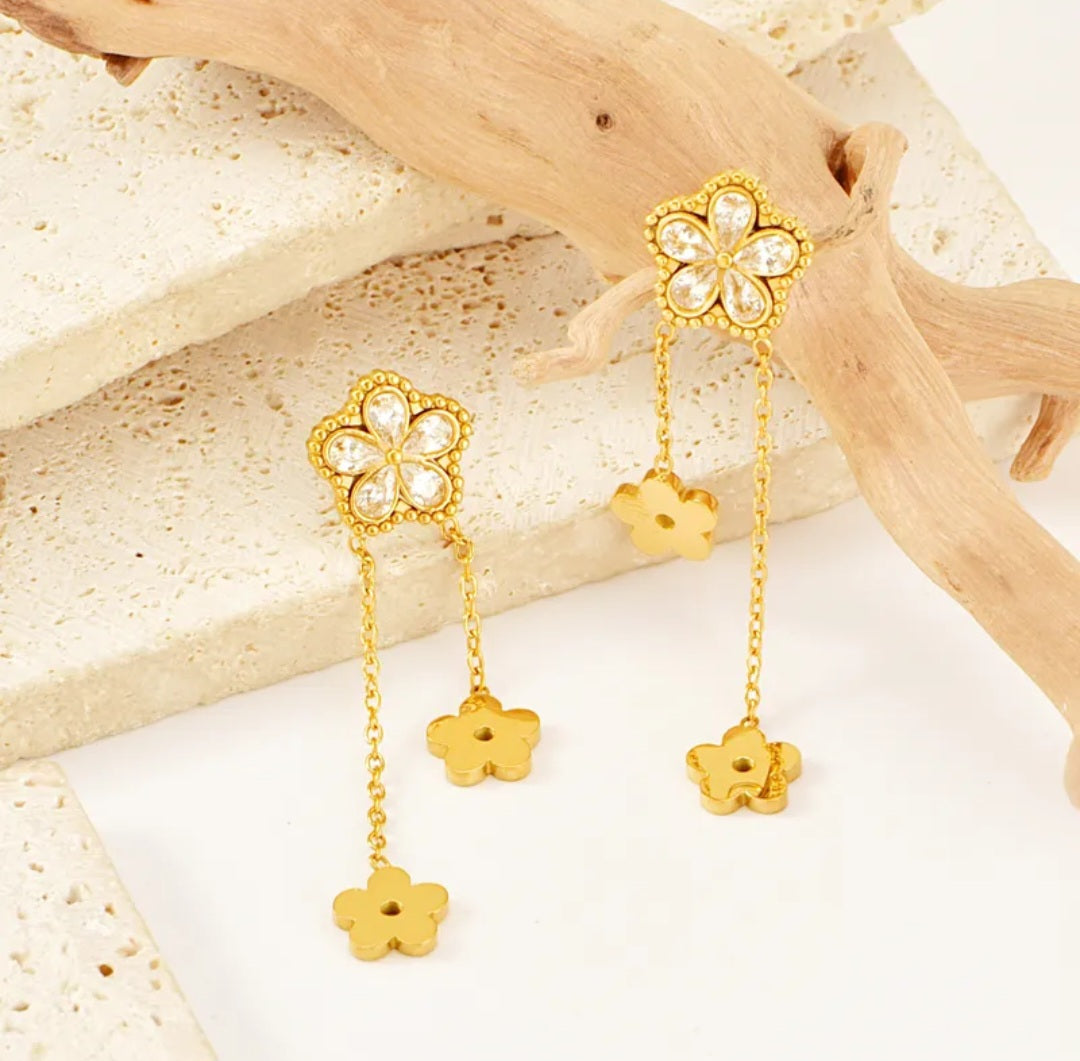Flower Jewellery set in 18K Gold Plated Waterproof with PVD Coating and Rhinestone Inlay
