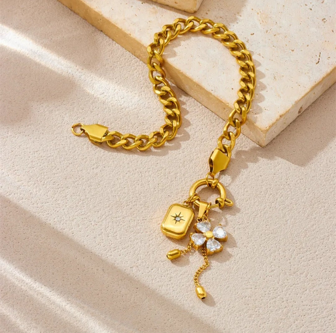 Diamond Inlaid Flower Star Square Pendant Tassel Bracelet Stainless steel Jewellery