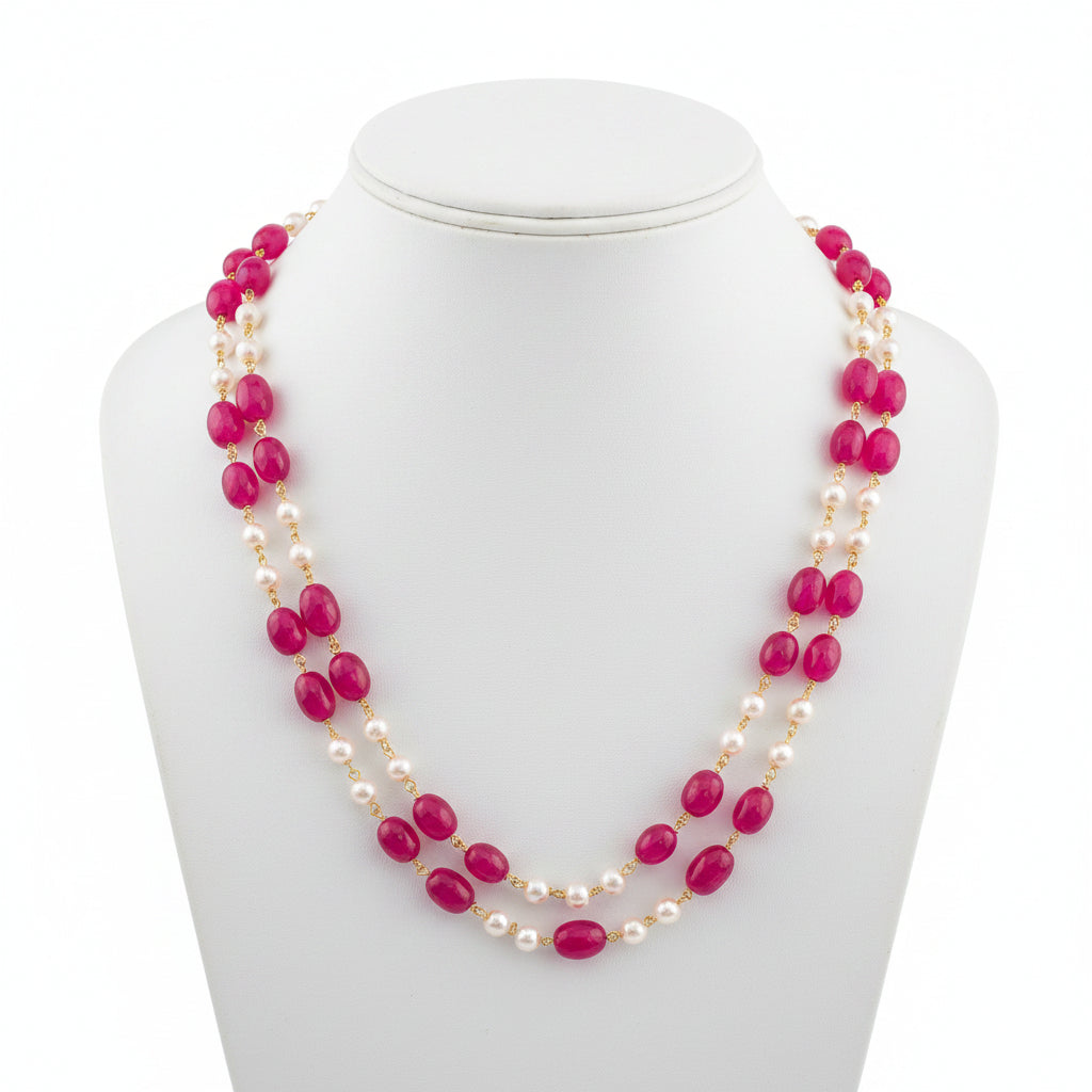 Rani pink Big Stone and Pearls Two layer Necklace