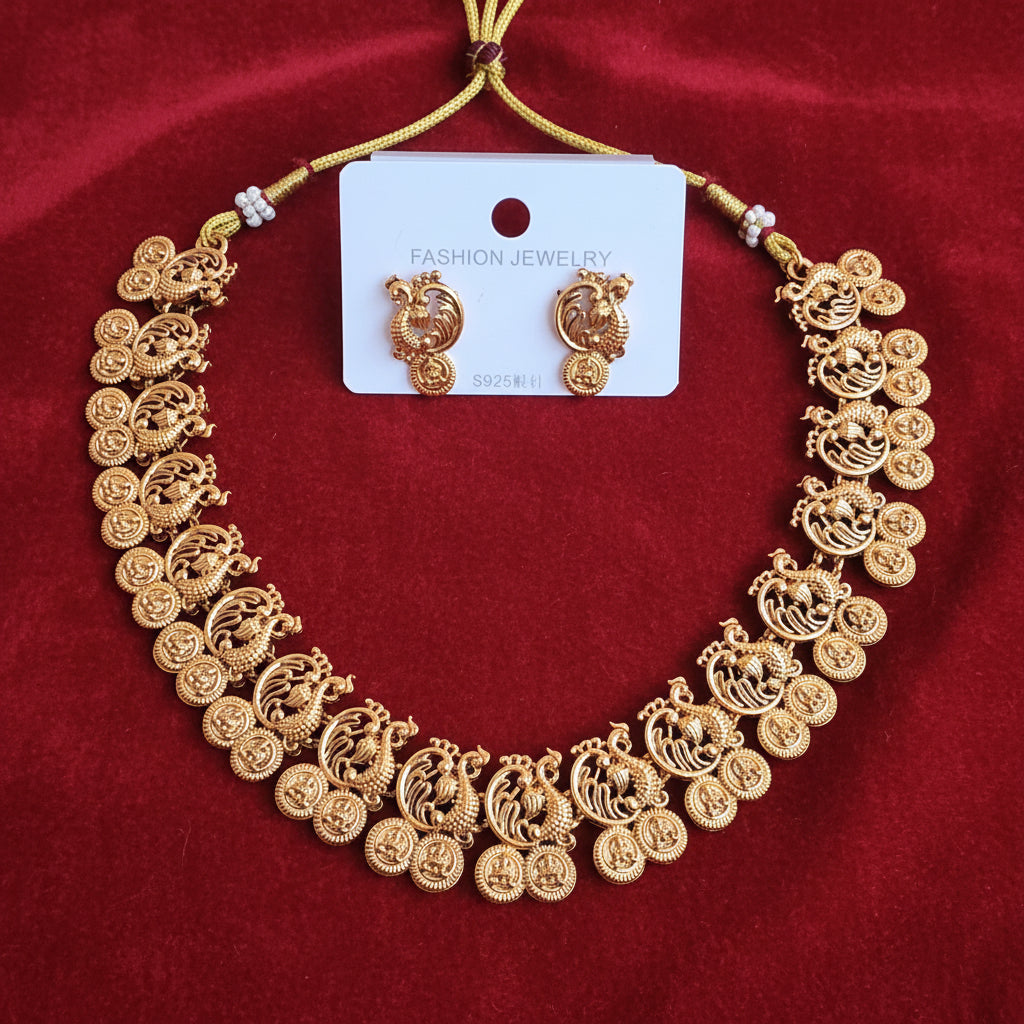 Matte Gold Finish Peacock Design Necklace