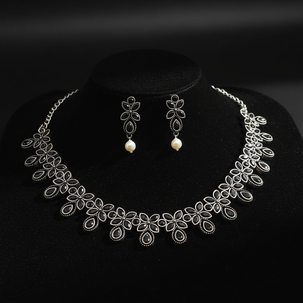 Oxidized Silver Black Floral Marquise Choker Set