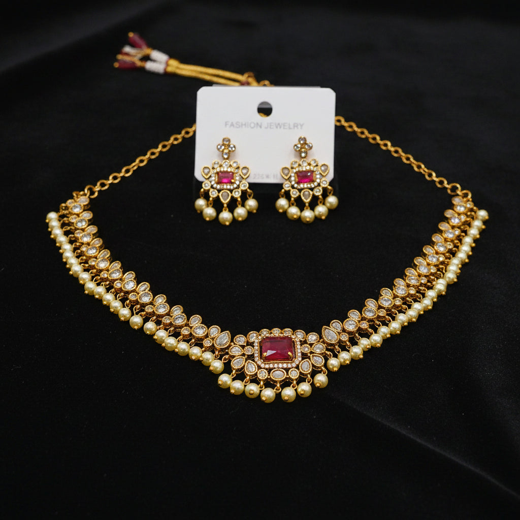 Ruby Stone Pearl Necklace Set