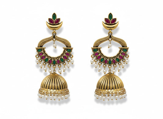 Oversized Green,Red And Pearl Jhumka Earings