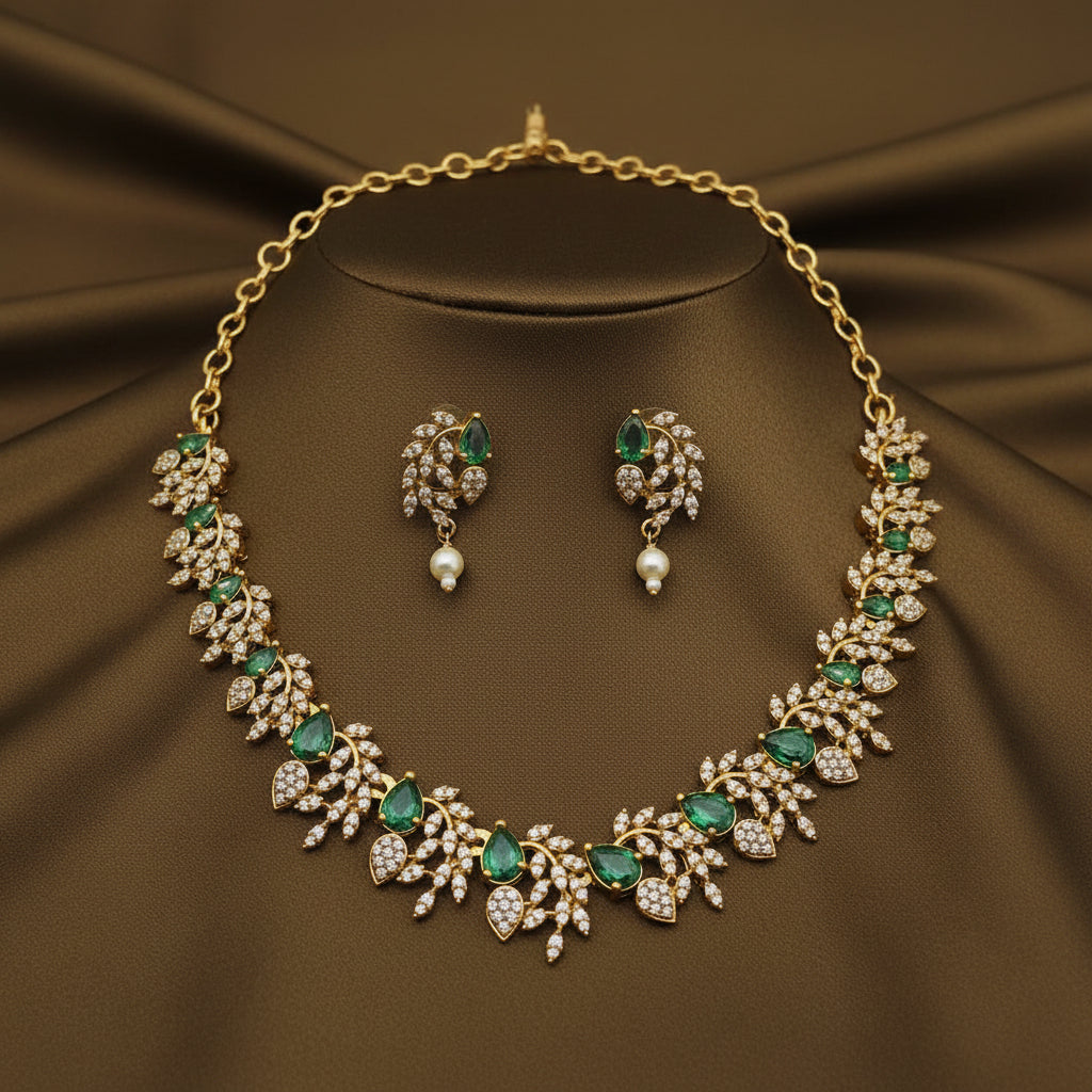 Indo-Western American Diamond (AD/CZ) Floral Leaf Choker Set.