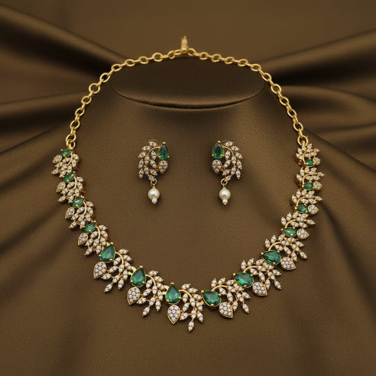 Indo-Western American Diamond (AD/CZ) Floral Leaf Choker Set.