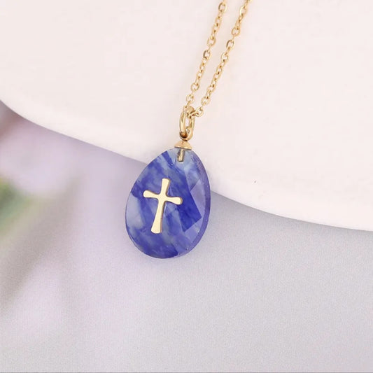 Natural Stone 18K Gold Plated Cross Pendant