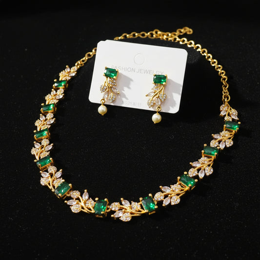 Emerald-Cut Green Stone & CZ Leaf Choker Set