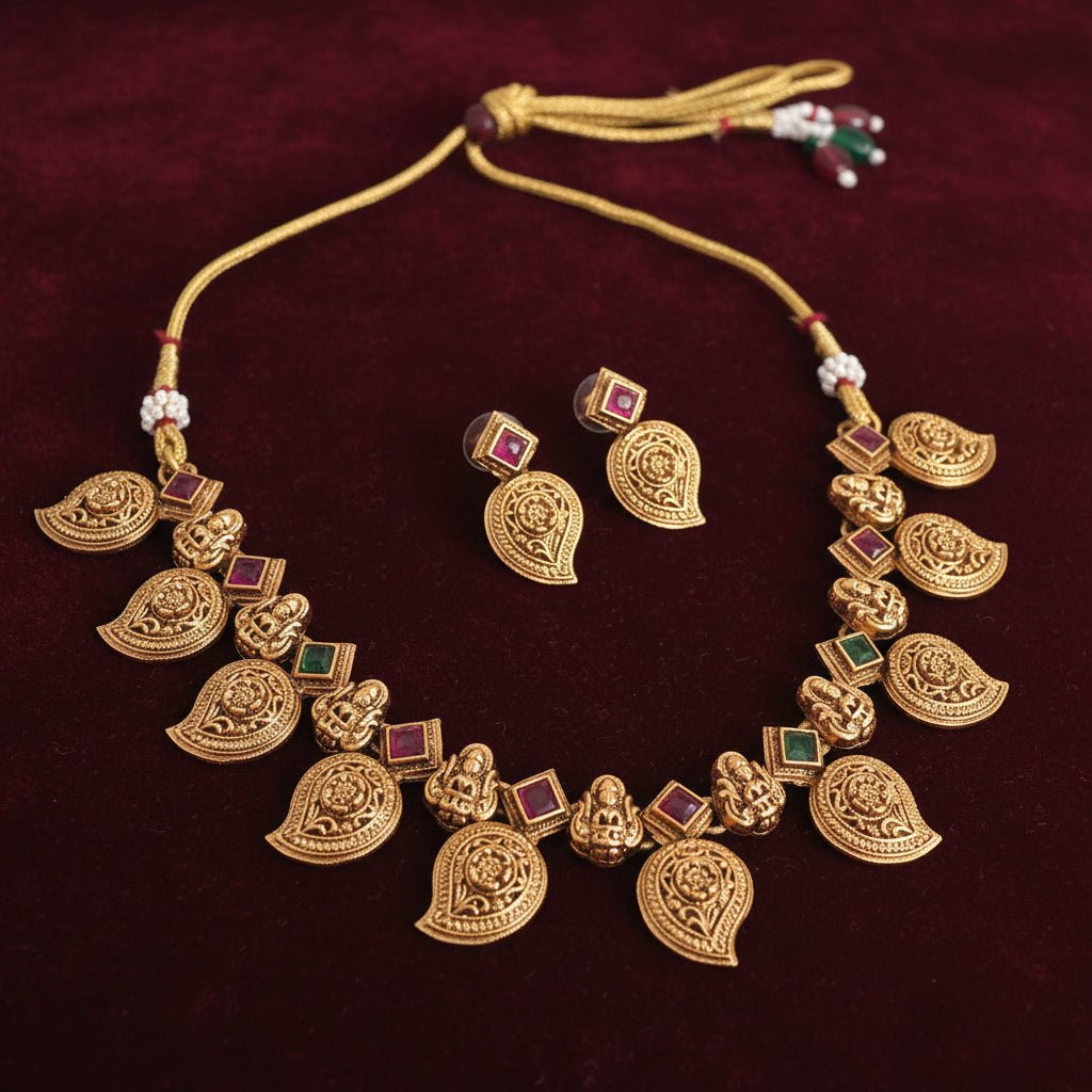 Antique matte gold finish Temple Necklace