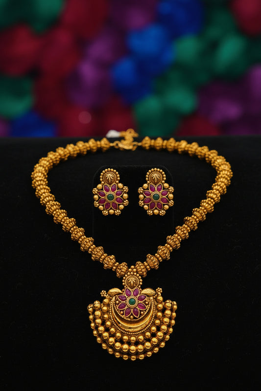 Heritage Chandrabali Motif Antique Haram with Matching Floral Studs