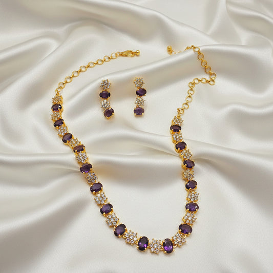 AD Elegant Purple Crystal and CZ Floral Cluster Festive Choker with Earrings