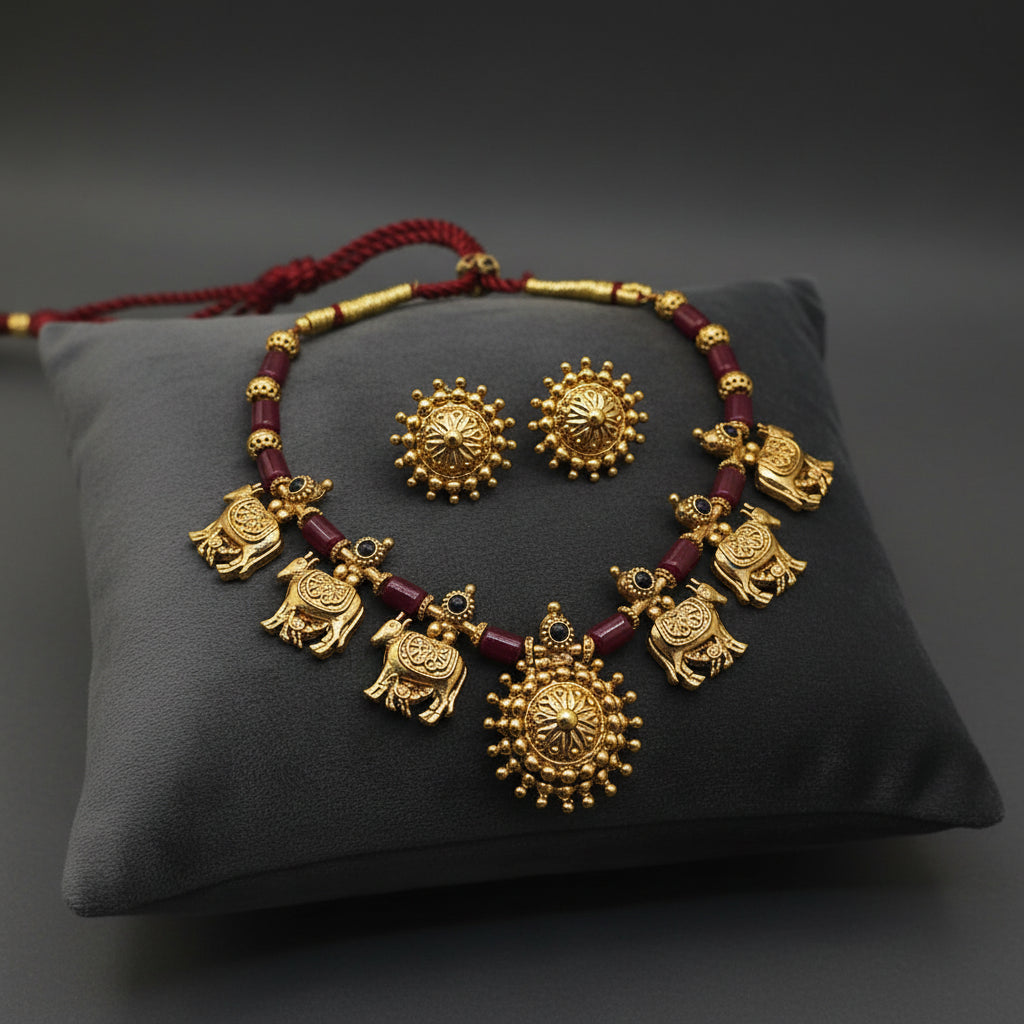 Antique Gold Elephant Motif Necklace Set