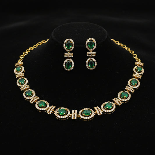 Modern Indo-Western American Diamond Green Stone Link Necklace Set