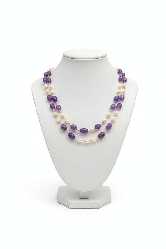Two layer Big Purple Stone and Pearls Necklace