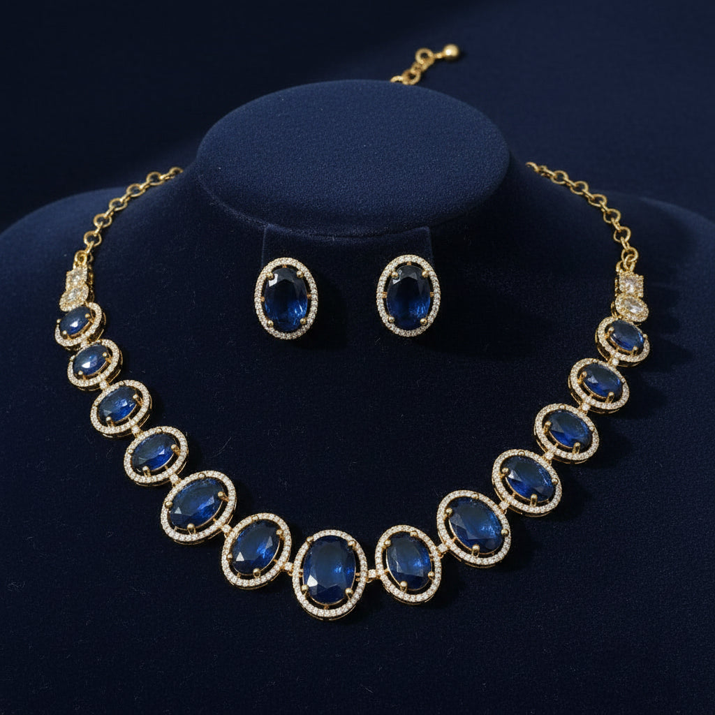 Indo-Western Sapphire Blue CZ Oval Tennis-Style Choker Set