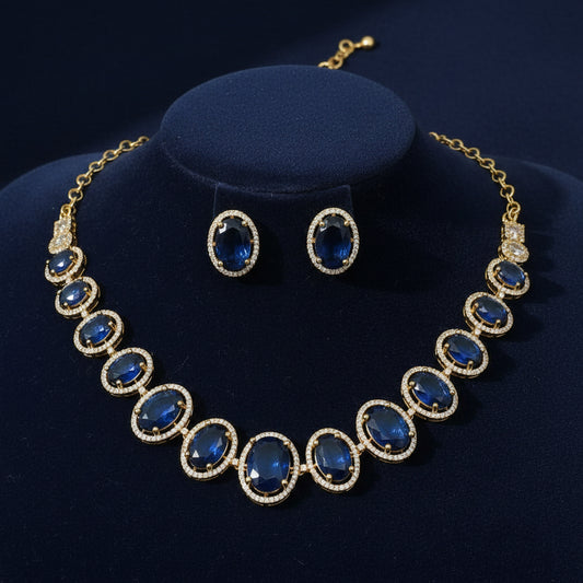 Indo-Western Sapphire Blue CZ Oval Tennis-Style Choker Set