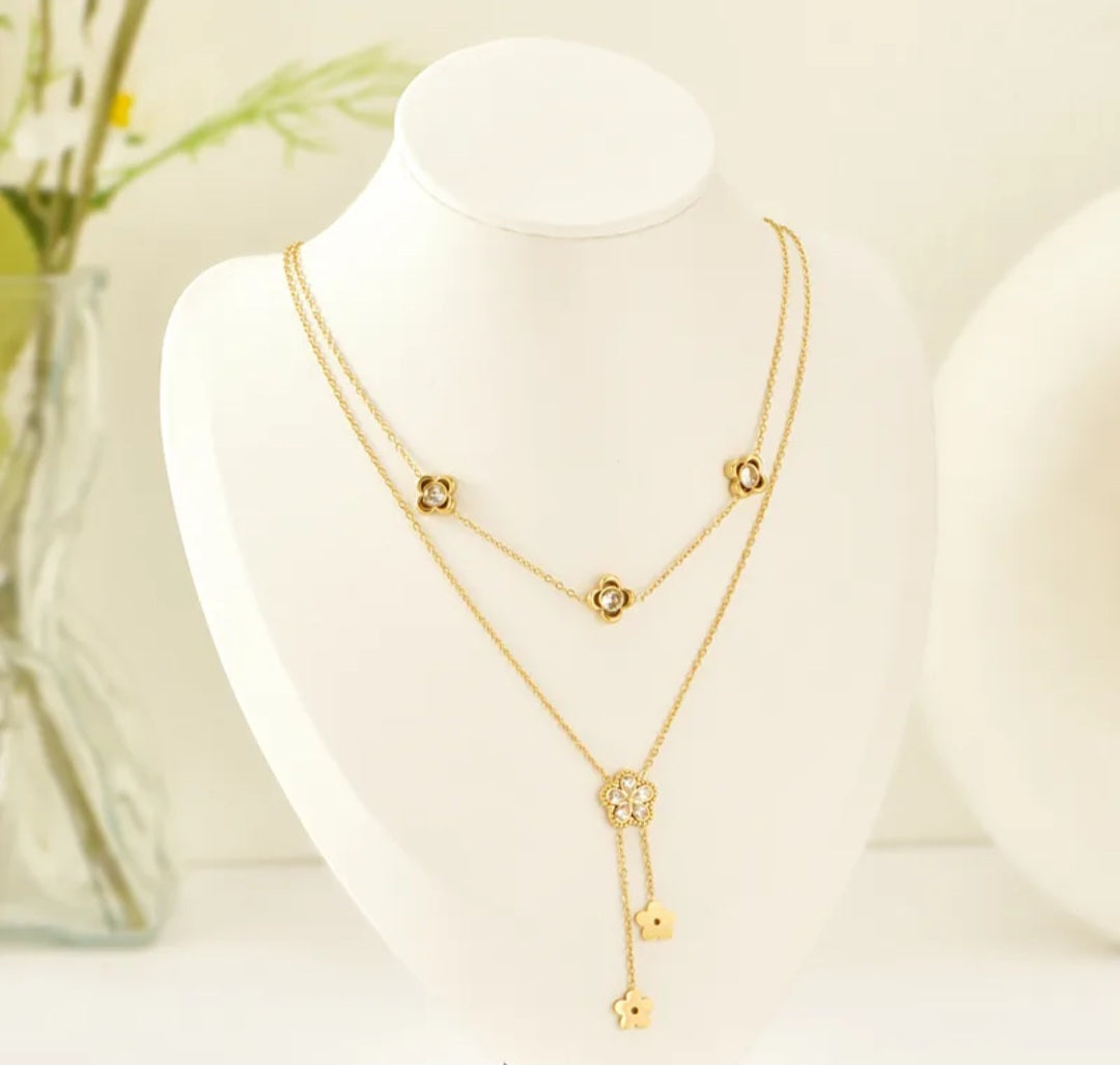 Flower Jewellery set in 18K Gold Plated Waterproof  with PVD Coating  and Rhinestone Inlay