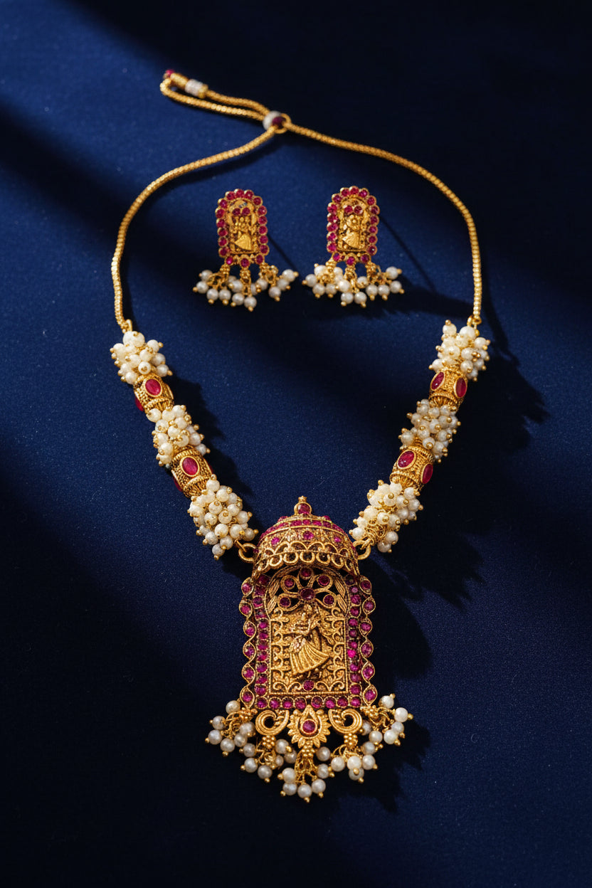 Temple Style Antique Gold Finish Necklace Set