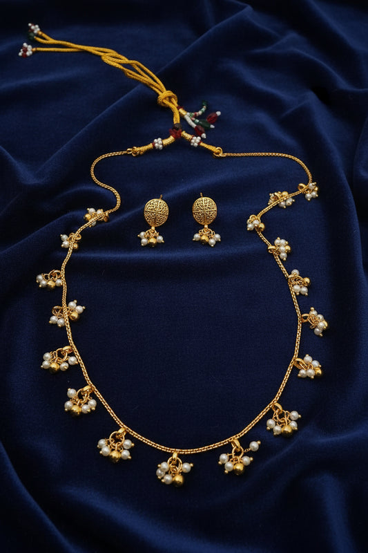Traditional South Indian Light-Weight Pearl & Golden Ghungroo Necklace