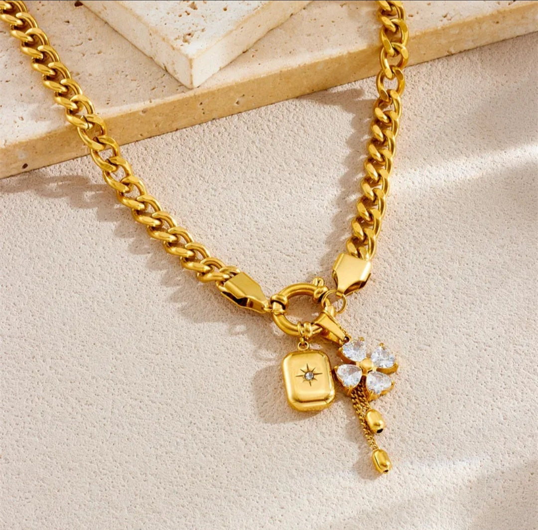 Diamond Inlaid Flower Star Square Pendant Tassel Chain Stainless steel Jewellery