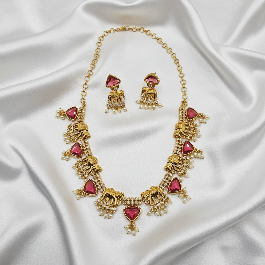 AD Elephant Design Ruby Stone Necklace Set