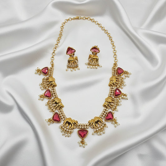 AD Elephant Design Ruby Stone Necklace Set