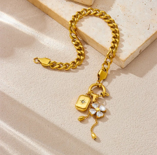 Diamond Inlaid Flower Star Square Pendant Tassel Bracelet Stainless steel Jewellery