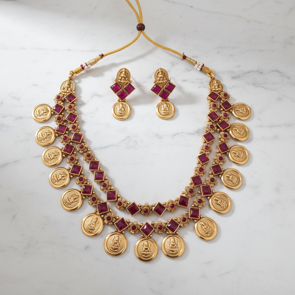Matte Finish Double layer Red Stone Coin Necklace