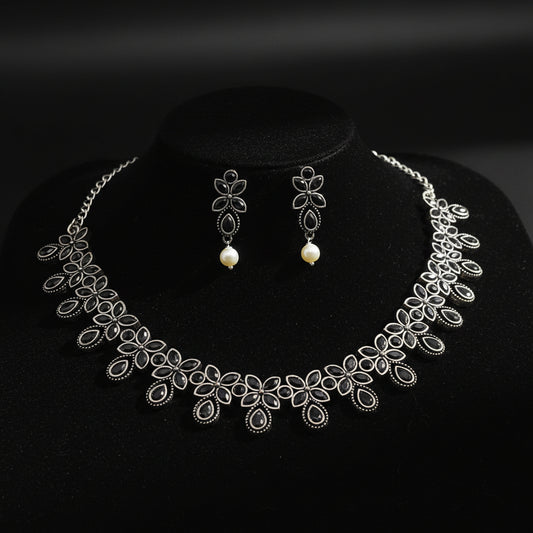 Oxidized Silver Black Floral Marquise Choker Set