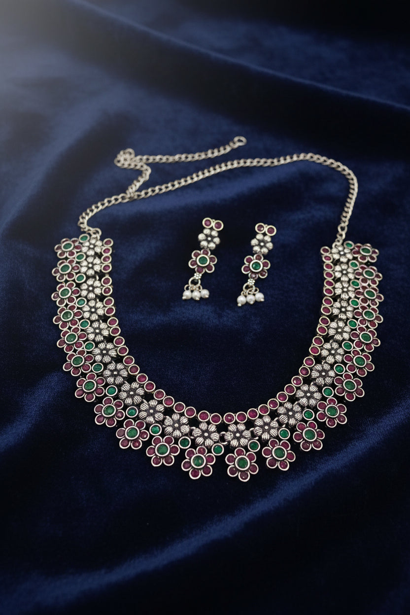 Oxidized Silver Pink & Green Kemp Floral Choker Set
