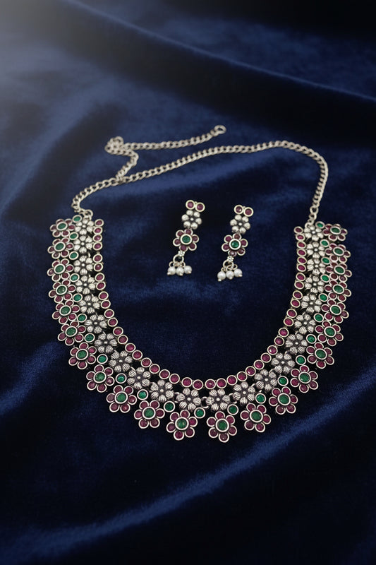 Oxidized Silver Pink & Green Kemp Floral Choker Set