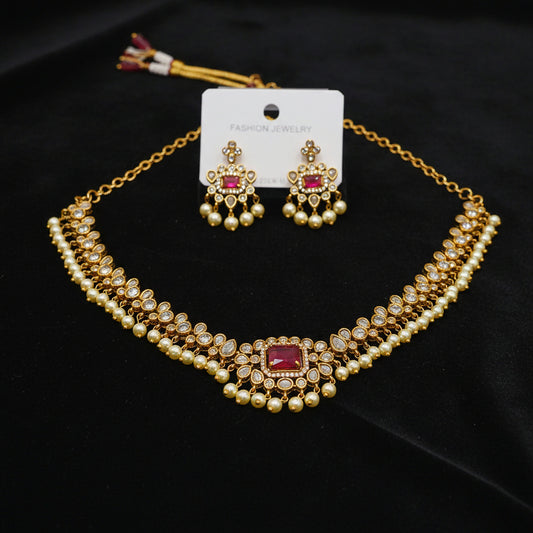 Ruby Stone Pearl Necklace Set