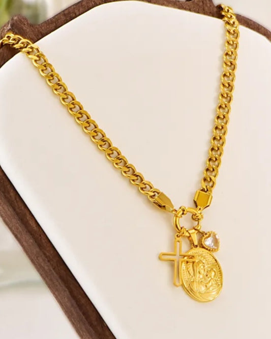Cross Jewellery Set 18K Gold Plated, Cable Chain, Waterproof